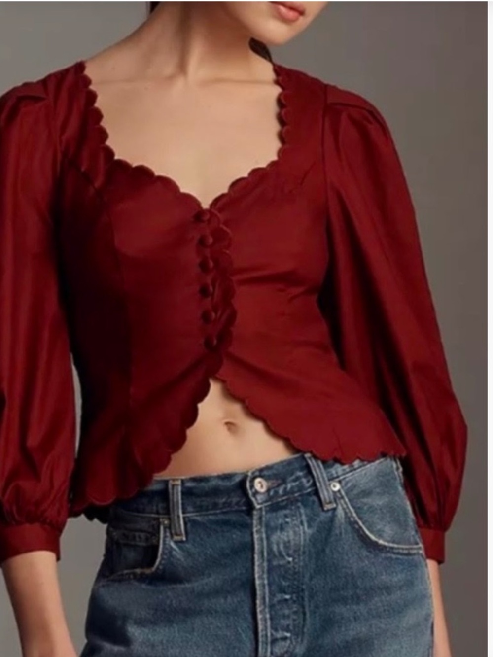 Reformation Wine Red Puff Sleeve Blouse with Scalloped Hem
